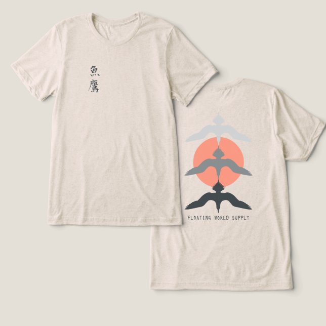 Minimal Japanese Fish Hawk Ukiyo-e Style Oatmeal Tri-Blend Shirt (Design Vorderseite & Rückseite)