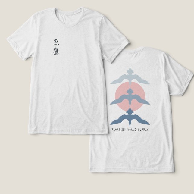 Minimal Japanese Fish Hawk Ukiyo-e Style Offwhite Tri-Blend Shirt (Design Vorderseite & Rückseite)