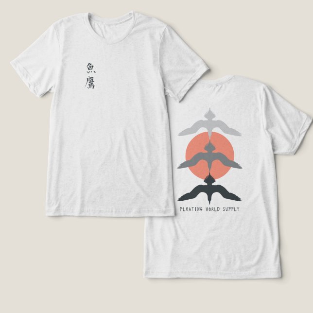 Minimal Japanese Fish Hawk Ukiyo-e Style Offwhite Tri-Blend Shirt (Design Vorderseite & Rückseite)
