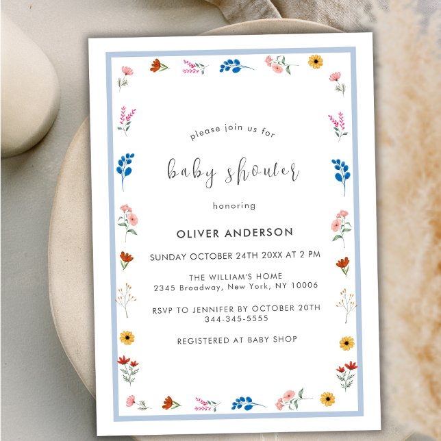 Minimal kleine Wildblume Frame Boy Baby Dusche Einladung (Minimal Little Wildflower Frame Boy Baby Shower Invitation)
