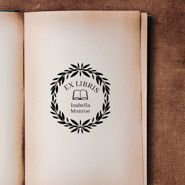 Minimal Leaf Botanical Wreath Ex Libris Bookplate Gummistempel (leaf wreath)