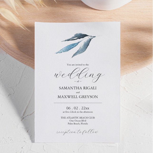 Minimal Leaf Dusty Blue Wedding Einladung (Minimal Leaf Dusty Blue Wedding Invitation watercolor art by Victoria Grigaliunas of Do Tell A Belle)