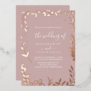 Minimal Leaf Dusty Rose und Rose Gold Folieneinladung