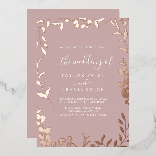 Minimal Leaf Dusty Rose und Rose Gold Folieneinladung (Vorderseite/Rückseite)