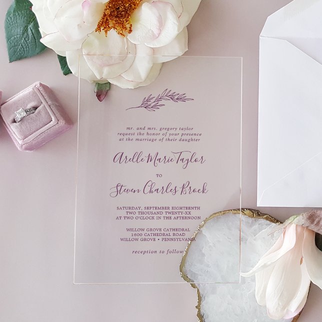 Minimal Leaf Eggplant Boho Feierliche Hochzeit der Acryleinladungen (Minimal Leaf Eggplant Boho Formal Greenery Wedding Acrylic Invitations)