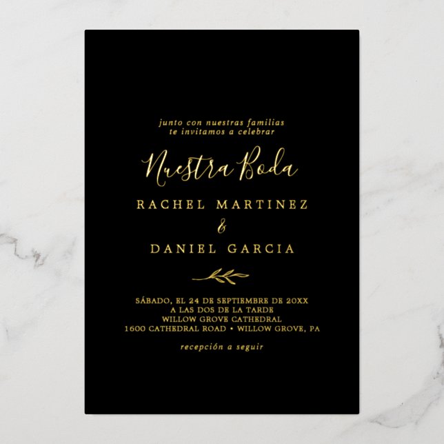 Minimal Leaf Gold Foil Black Folieneinladung (Vorderseite)