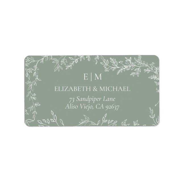 Minimal Leaf Sage Green Monogram Wedding Address Adressaufkleber (Vorne)