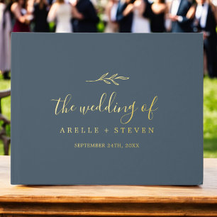 Minimal Leaf Slate Blue Gold Foil Monogram Wedding Gästebuch