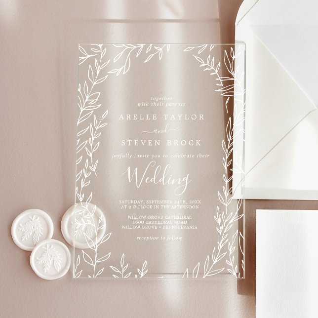 Minimal Leaf Weiße Vegetation Elegant Boho Hochzei Acryleinladungen (Minimal Leaf White Greenery Elegant Boho Wedding Acrylic Invitations)