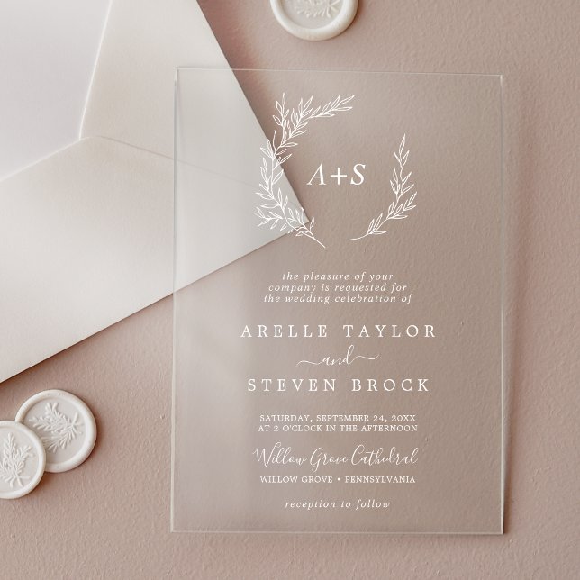 Minimal Leaf White Monogram Greenery Boho Wedding Acryleinladungen (Minimal Leaf White Monogram Greenery Boho Wedding Acrylic Invitations)