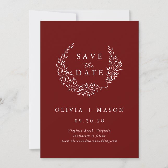 Minimal Leafy Wreath Burgundy Save the Date (Vorderseite)