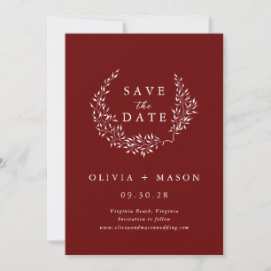 Minimal Leafy Wreath Burgundy Save the Date