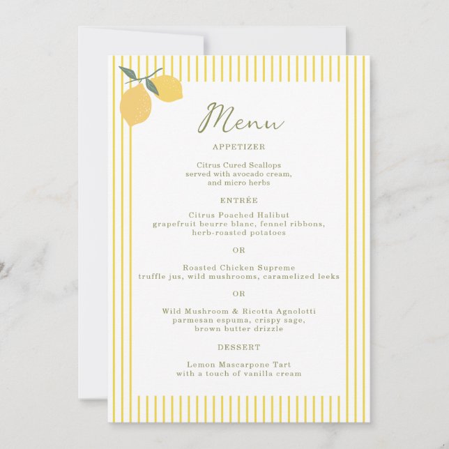 Minimal Lemon Amalfi Coast 5x7 Wedding Menu Card Einladung (Vorderseite)