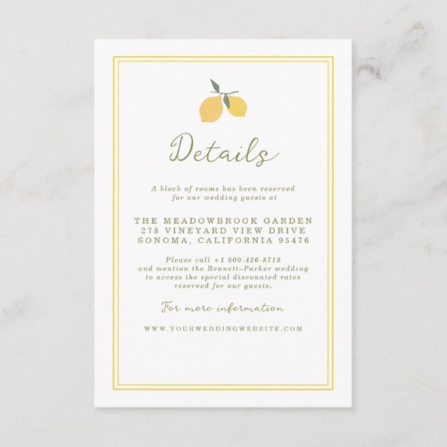 Minimal Lemon Amalfi Coast Wedding Details Card Begleitkarte (Vorderseite)