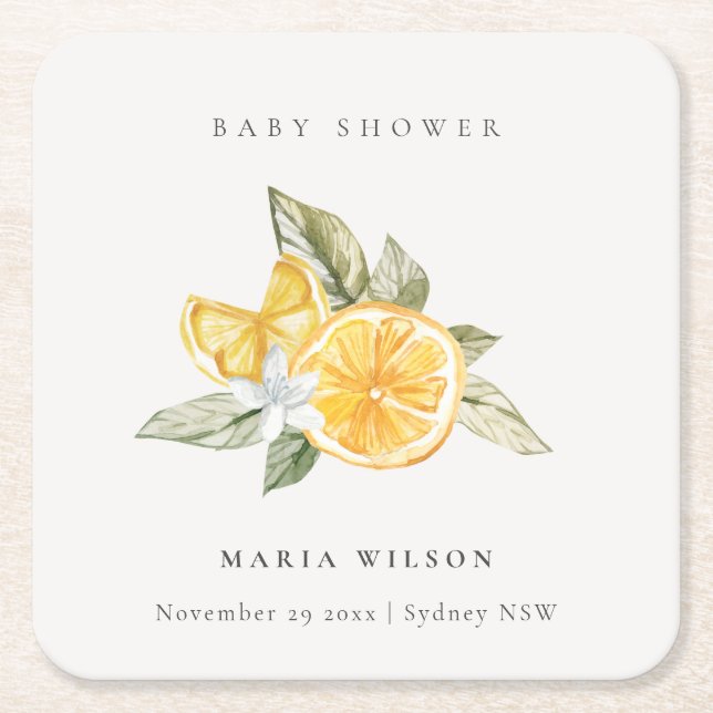 Minimal Lemon Botanische Leafy Boho Babydusche Rechteckiger Pappuntersetzer (Vorderseite)
