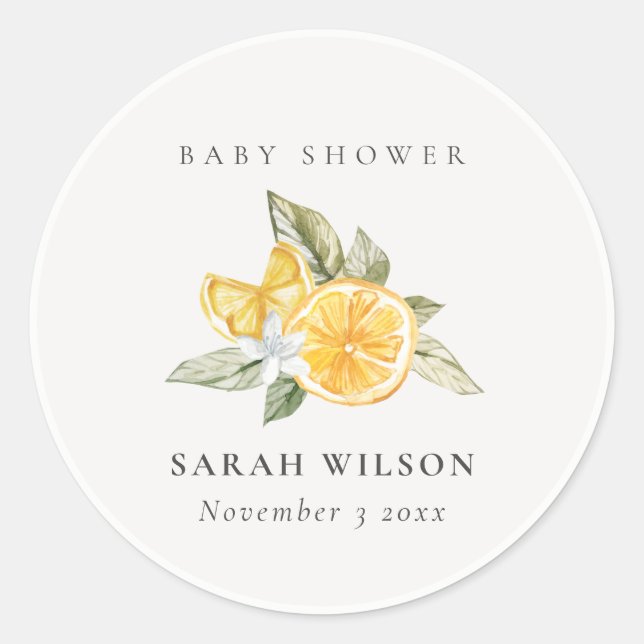 Minimal Lemon Botanische Leafy Boho Babydusche Runder Aufkleber (Vorderseite)