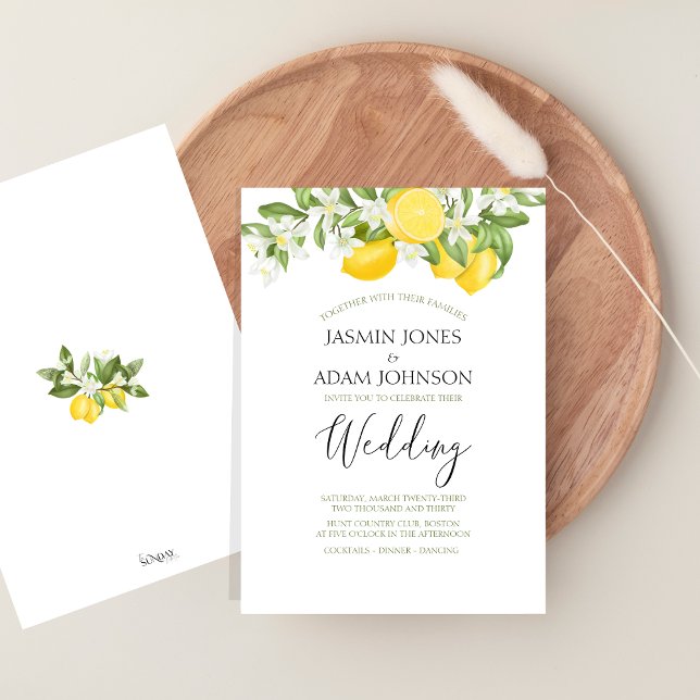 Minimal Lemon und Greenery Sommer Hochzeit Einladung (Citrus Lemons and Greenery Summer Fruits Wedding Invitation)