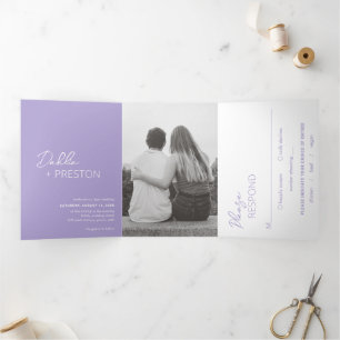 Minimal Lilac Foto Moderne Hochzeit Dreifach Gefaltete Einladung