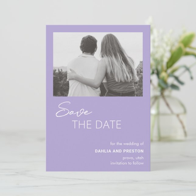 Minimal Lilac Foto Moderne Hochzeit Save The Date (Stehend Vorderseite)
