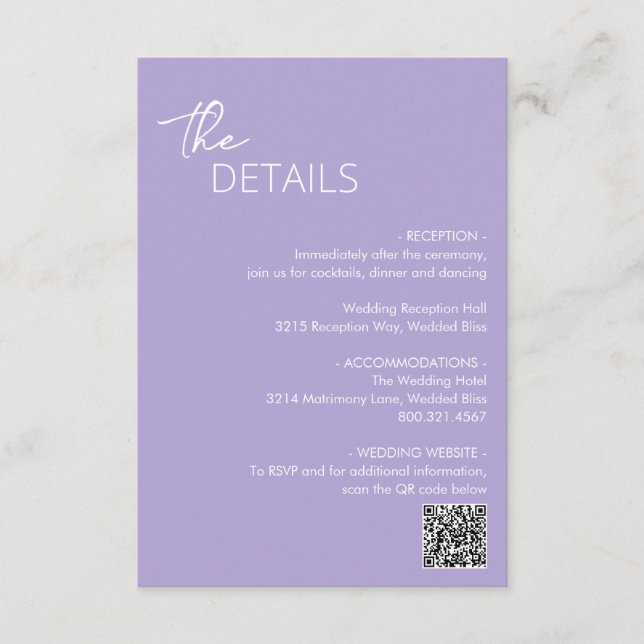 Minimal Lilac QR Code Moderne Hochzeit Begleitkarte (Vorderseite)