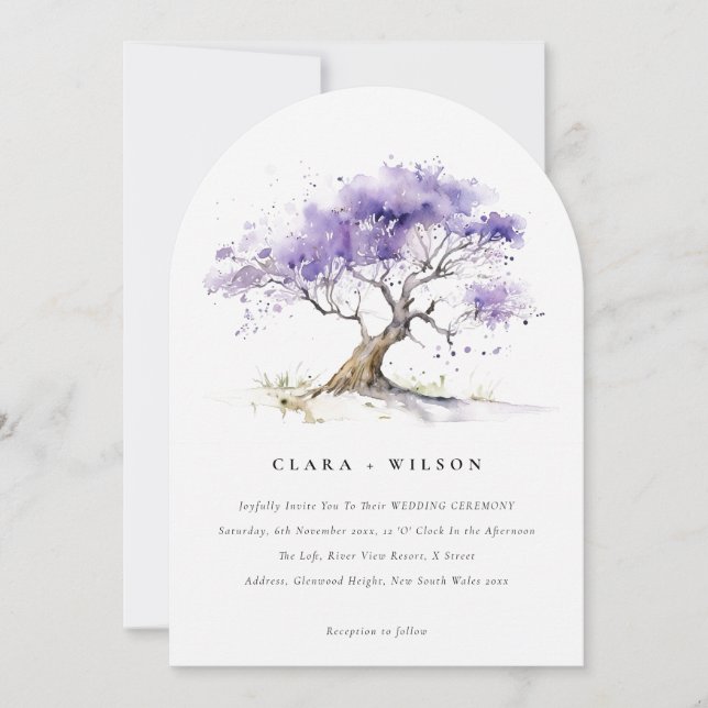 Minimal Lilac Watercolor Jacaranda Tree Wedding Einladung (Vorderseite)
