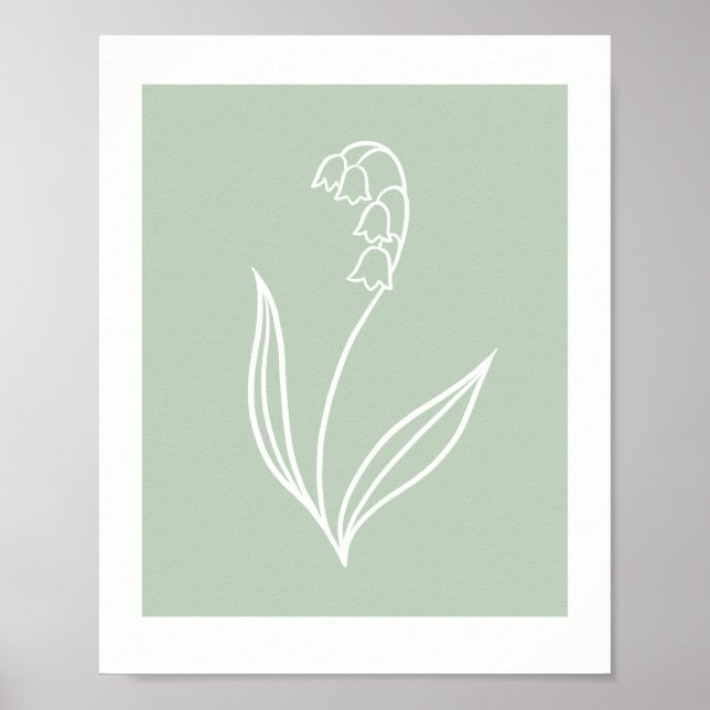 Minimal Lily of the Valley Line Art on Sage Green  Poster (Vorne)