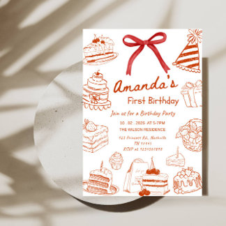 Minimal Line Art Birthday Cake Baby’s 1st Birthday Einladung