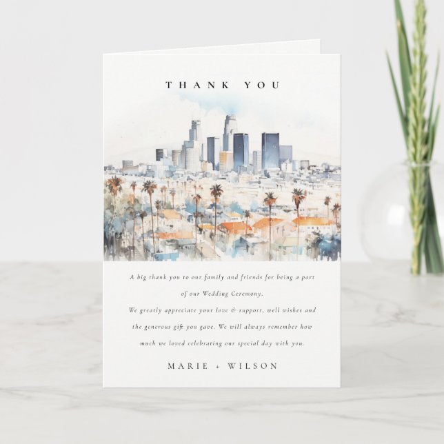 Minimal Los Angeles, California Watercolor Wedding Dankeskarte (Vorderseite)
