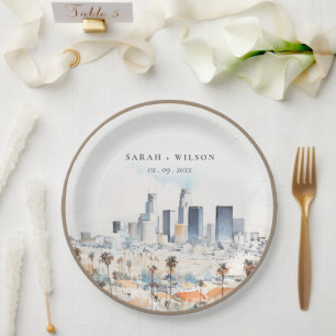 Minimal Los Angeles, California Watercolor Wedding Pappteller