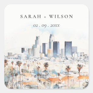 Minimal Los Angeles, California Watercolor Wedding Quadratischer Aufkleber