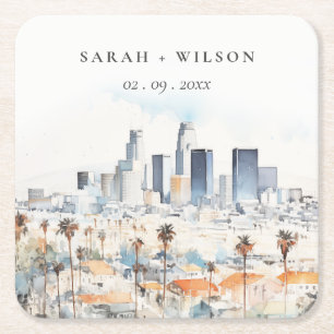 Minimal Los Angeles, California Watercolor Wedding Rechteckiger Pappuntersetzer