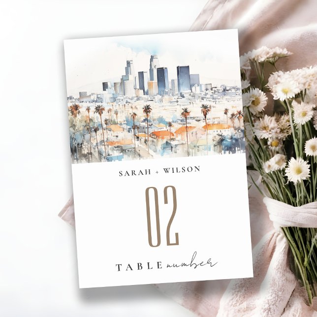 Minimal Los Angeles, California Watercolor Wedding Tischnummer (Von Creator hochgeladen)
