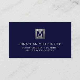 Minimal Luxury Navy Blue Silver Monogram Visitenkarte