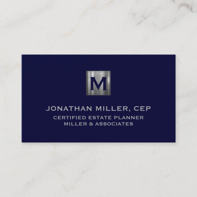 Minimal Luxury Navy Blue Silver Monogram Visitenkarte (Vorderseite)