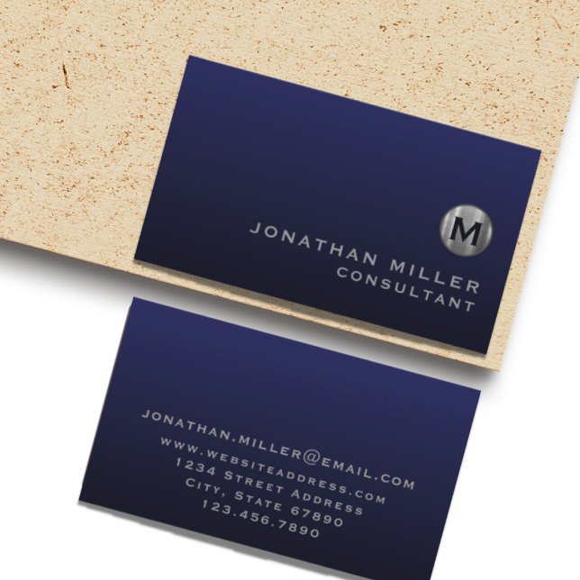 Minimal Luxury Navy Blue Silver Monogram Visitenkarte (Von Creator hochgeladen)