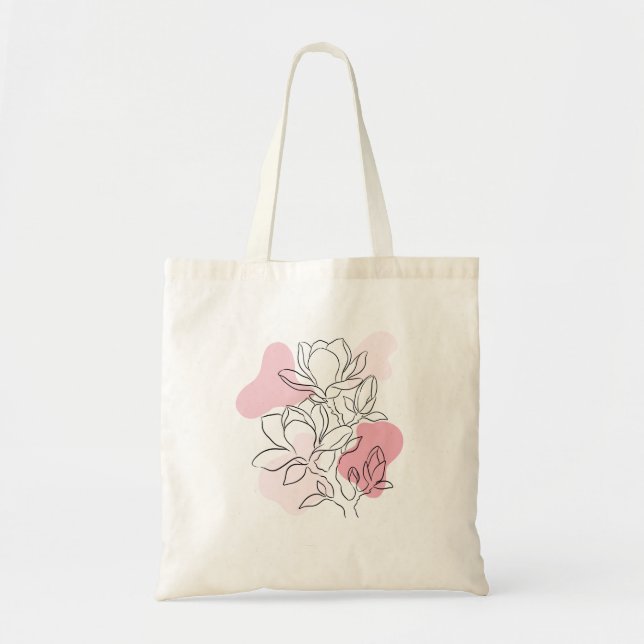 Minimal Magnolia Flower Line Art with Soft Pink  Tragetasche (Vorne)
