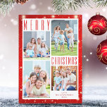 Minimal MERRY CHRISTMAS Foto Collage Red Lights H Feiertagskarte<br><div class="desc">Einfaches, modernes Design mit einer trendigen MERRY CHRISTMAS Typografie vor einem roten Hintergrund mit Lichtern. Fügen Sie vier Fotos und Ihren benutzerdefinierten Text auf der Vorder- und/oder Rückseite ein (optional). HILFE: Für Hilfe bei der Modifizierung oder Personalisierung des Designs, bei Farbänderungen, bei der Größenänderung, bei der Übertragung des Designs auf...</div>