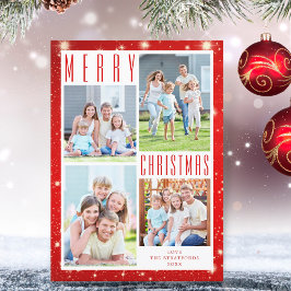 Minimal MERRY CHRISTMAS Foto Collage Red Lights H Feiertagskarte