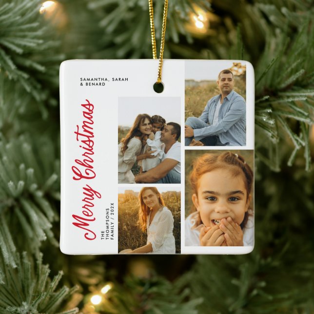Minimal Merry Christmas Script Family 4 Photos Keramikornament (Baum)