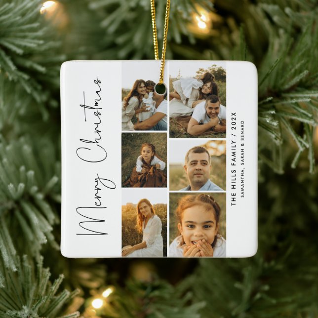Minimal Merry Christmas Script  Family  6 Photos Keramikornament (Baum)