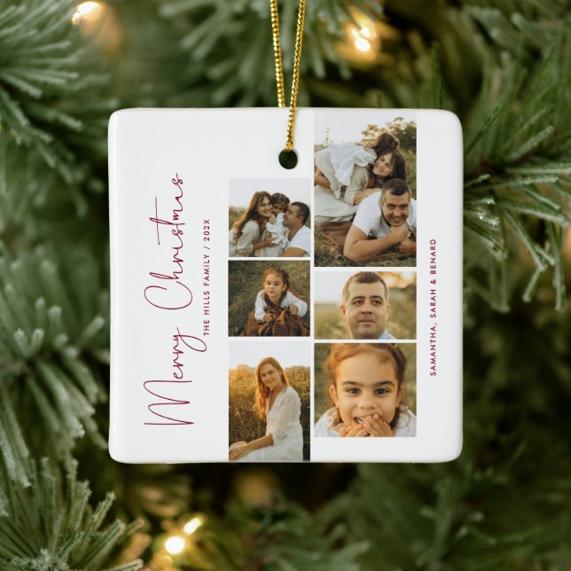 Minimal Merry Christmas Script  Family  6 Photos Keramikornament (Baum)