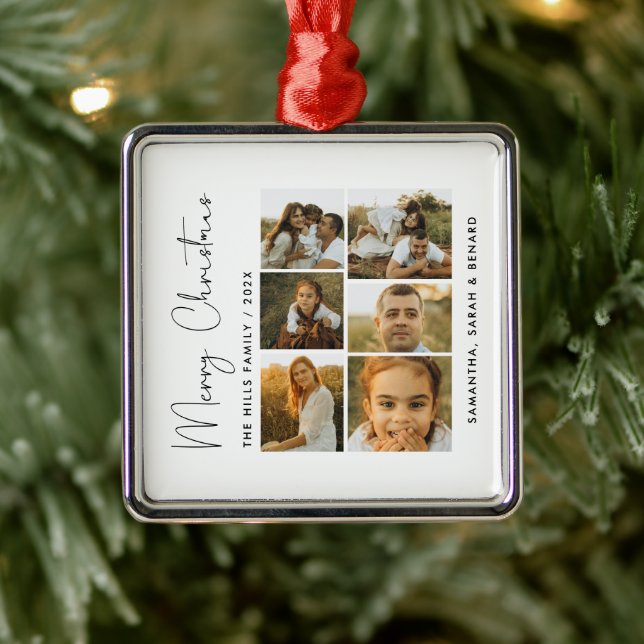 Minimal Merry Christmas Script  Family  6 Photos Ornament Aus Metall (Baum)