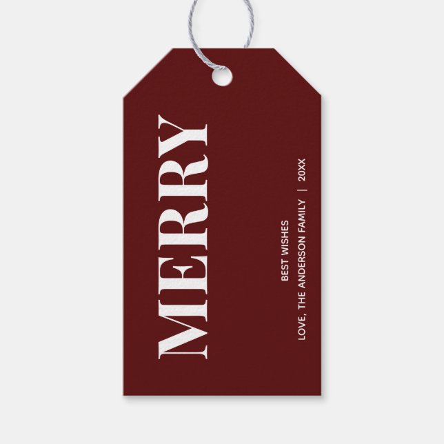 Minimal MERRY | Deep Red Holiday Geschenkanhänger (Vorderseite)