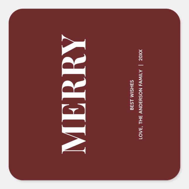 Minimal MERRY | Deep Red Holiday Quadratischer Aufkleber (Vorderseite)