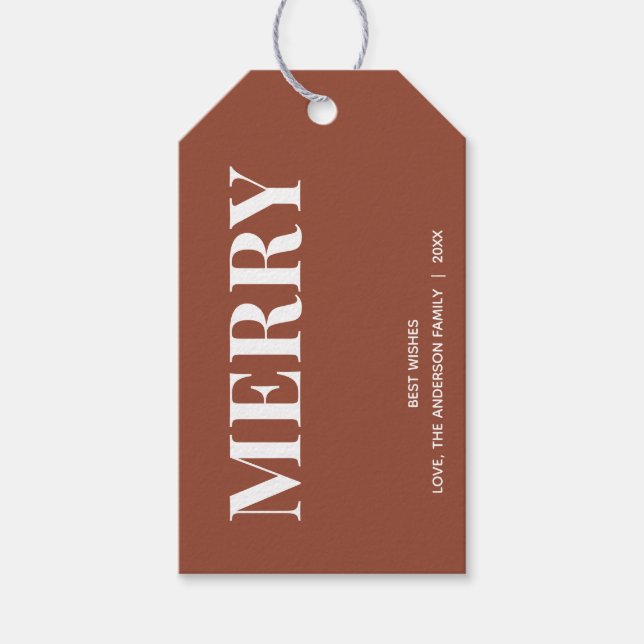 Minimal MERRY | Terracotta Holiday Geschenkanhänger (Vorderseite)