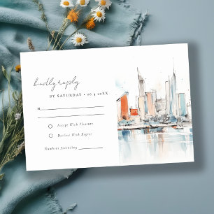 Minimal Miami Florida Skyline Watercolor Wedding RSVP Karte