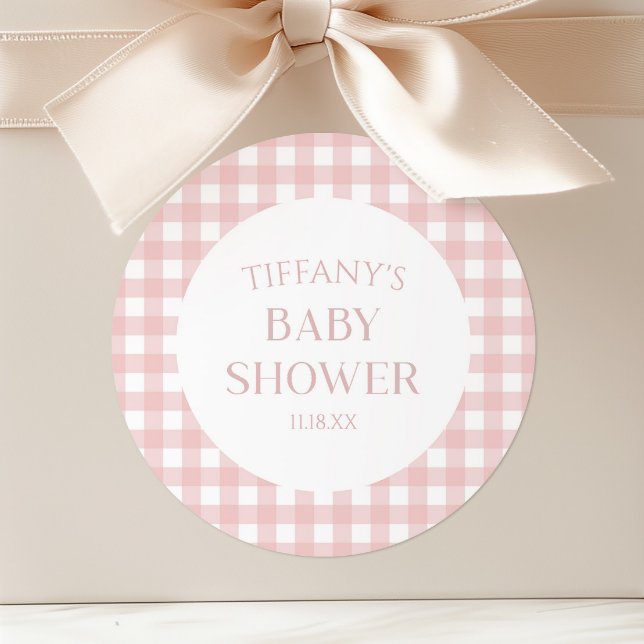 Minimal Minimalistisch rosa Karierte Babydusche Runder Aufkleber (Von Creator hochgeladen)