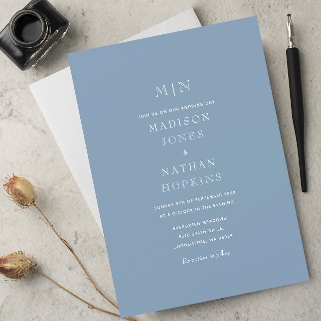 Minimal Misty Blue Monogram Wedding Einladung (Von Creator hochgeladen)