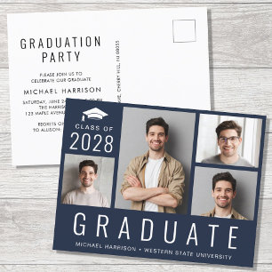 Minimal Modern 4 Foto Blue Graduation Party Einladungspostkarte