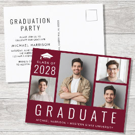 Minimal Modern 4 Foto Burgundy Graduation Party Einladungspostkarte